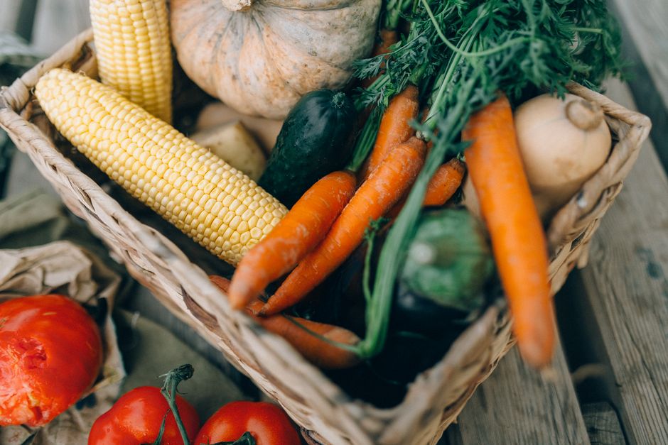 Basket of seasonal produce purchased with Senior Farmers Market Nutrition Program vouchers