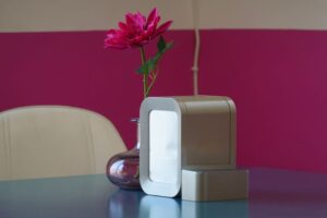 Air purifier running in a living room during wildfire smoke haze