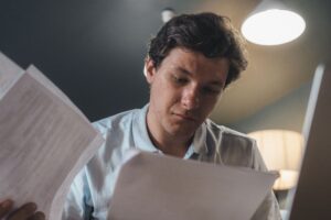 Canadian adult reviewing CPP Disability Benefit paperwork at home due to a severe medical condition