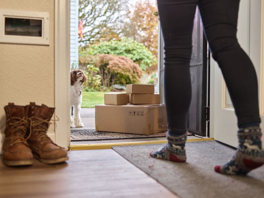 Person receiving an Amazon Prime delivery box at their front door