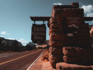 Entrance sign to Zion National Park in Utah