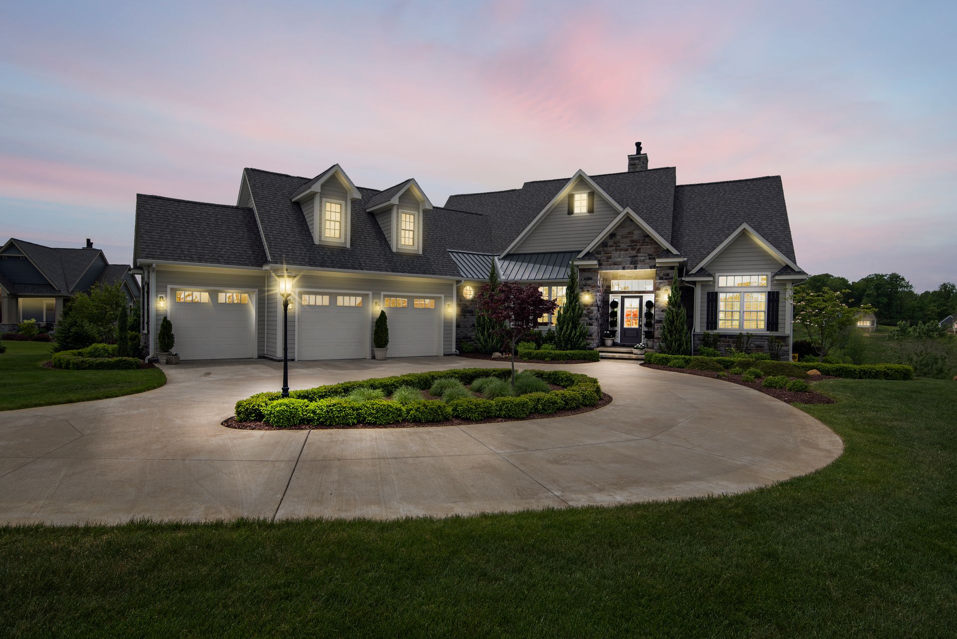 Suburban Maryland home exterior at sunset
