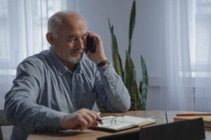 Senior on a phone call with notes and a laptop