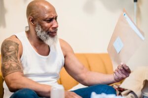 Retiree reviewing Social Security benefit statement at home